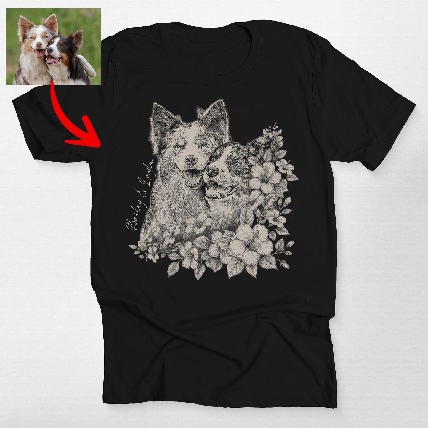 Floral Dog Portrait Bella Canvas T-Shirt Custom Pet Gift for Dog Lovers