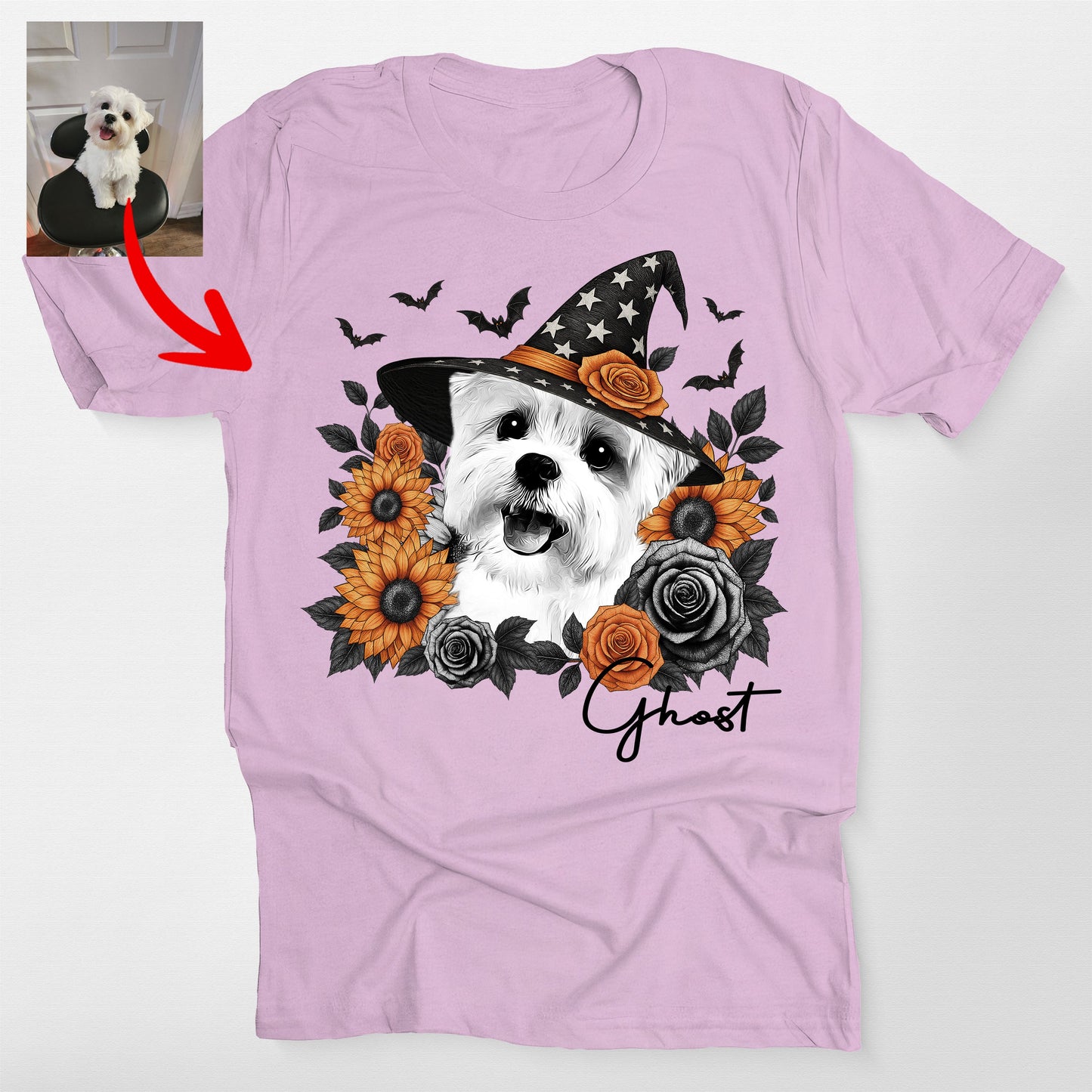 Custom Halloween Witch Dog Flowers Bella Canvas T-Shirt