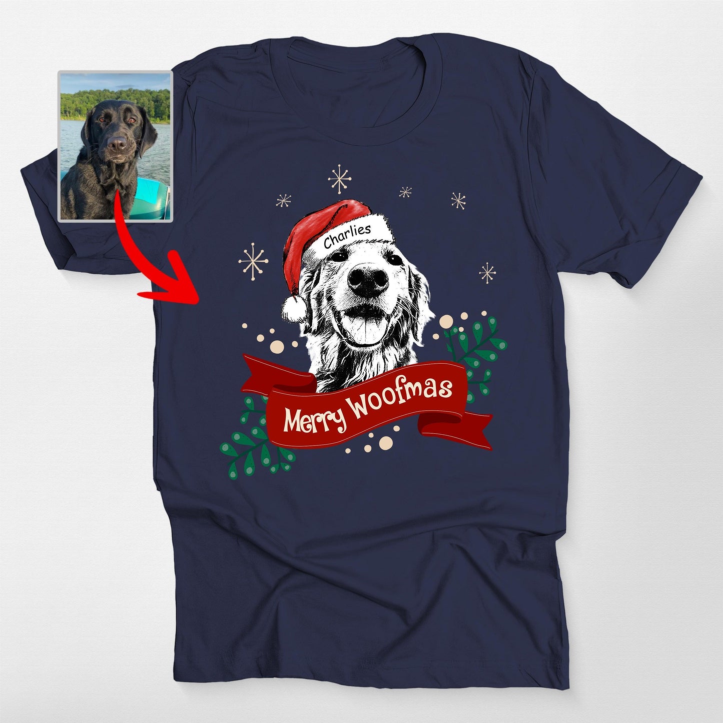 Custom Dog Christmas Shirt with Santa Hat and Red Ribbon for Dog Lovers