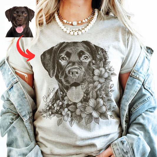 Floral Dog Portrait Bella Canvas T-Shirt Custom Pet Gift for Dog Lovers