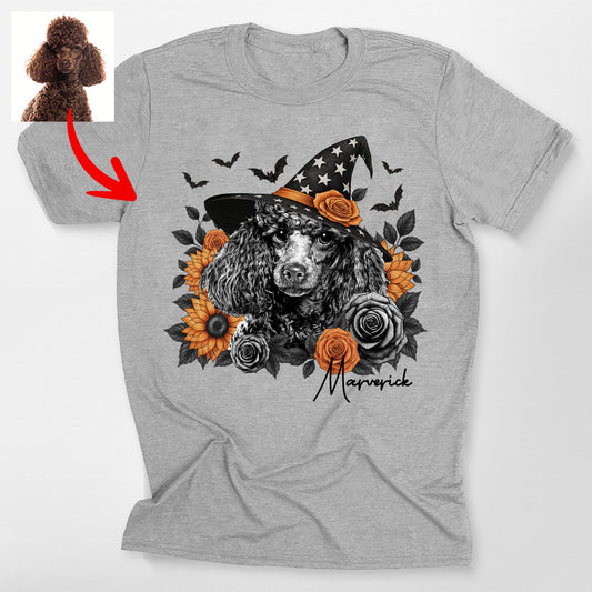 Custom Halloween Witch Dog Flowers Bella Canvas T-Shirt