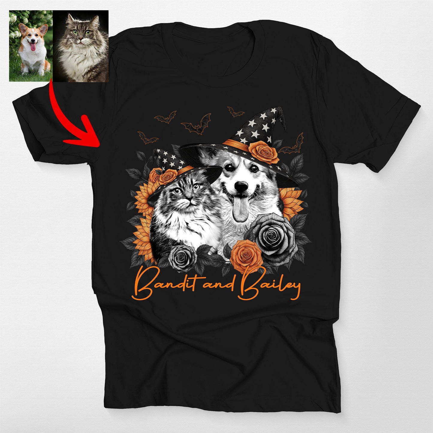 Custom Halloween Witch Dog Flowers Bella Canvas T-Shirt