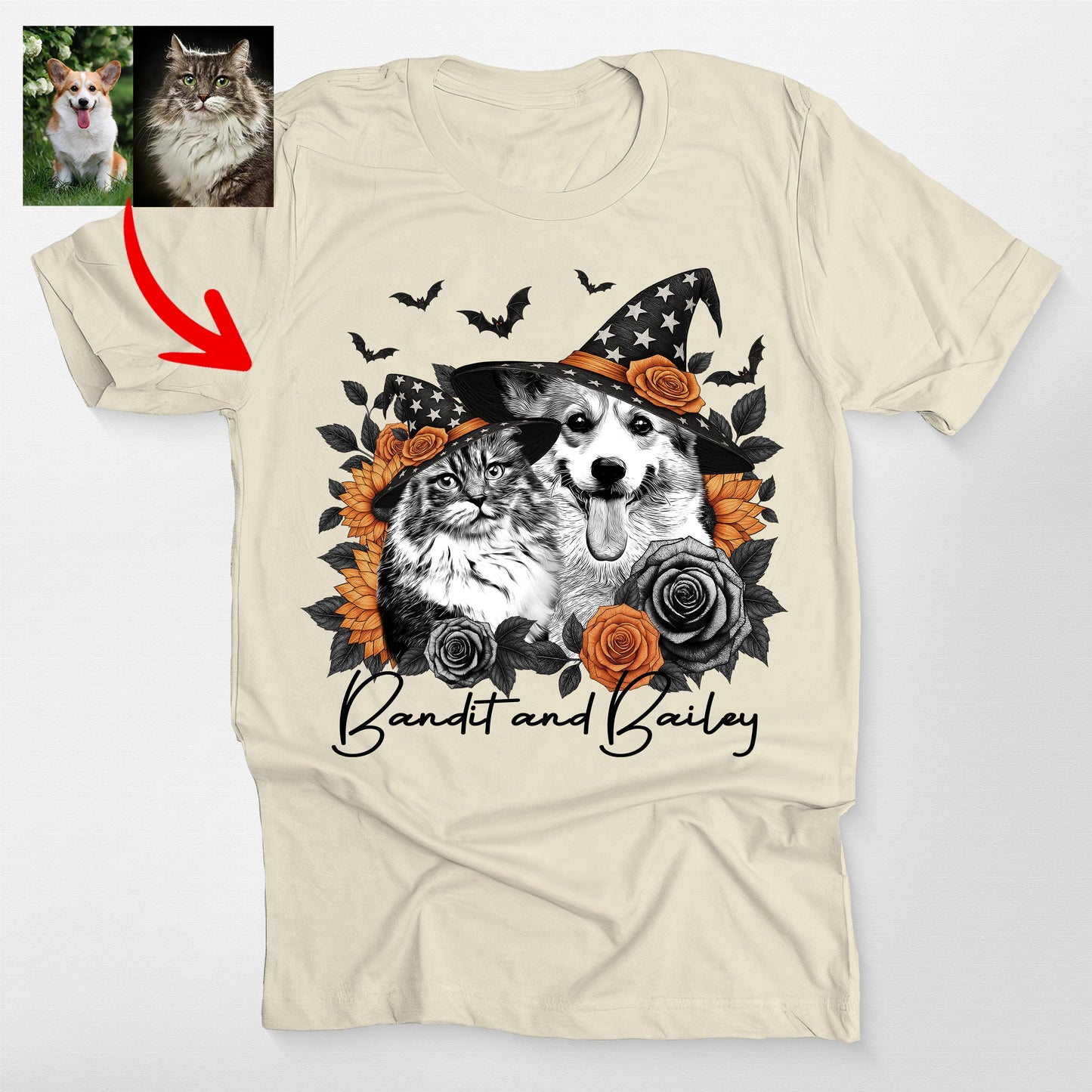 Custom Halloween Witch Dog Flowers Bella Canvas T-Shirt