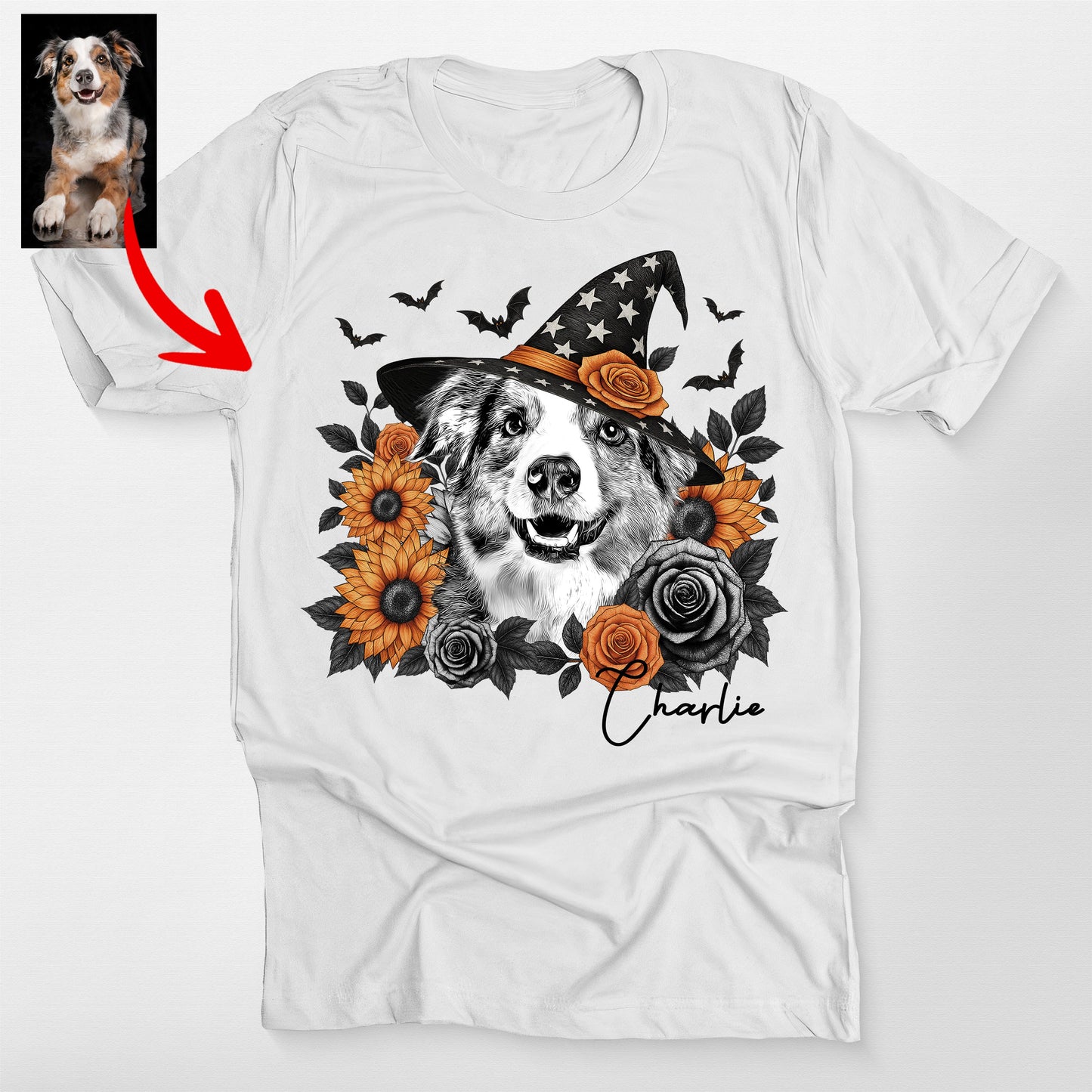 Custom Halloween Witch Dog Flowers Bella Canvas T-Shirt