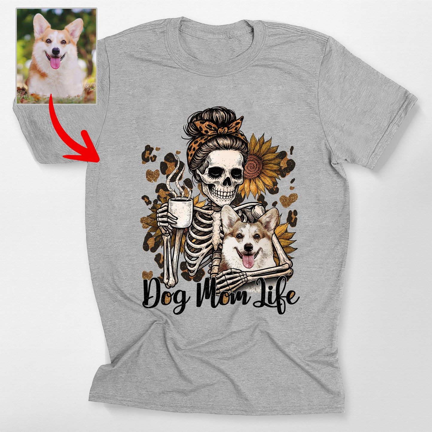 Custom Dog Mom Life Skeleton Leopard & Sunflower Bella Canvas T-Shirt