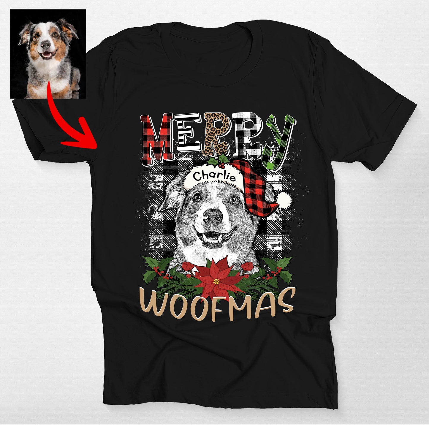Merry Christmas Custom Dog Portrait Bella Canvas TShirt