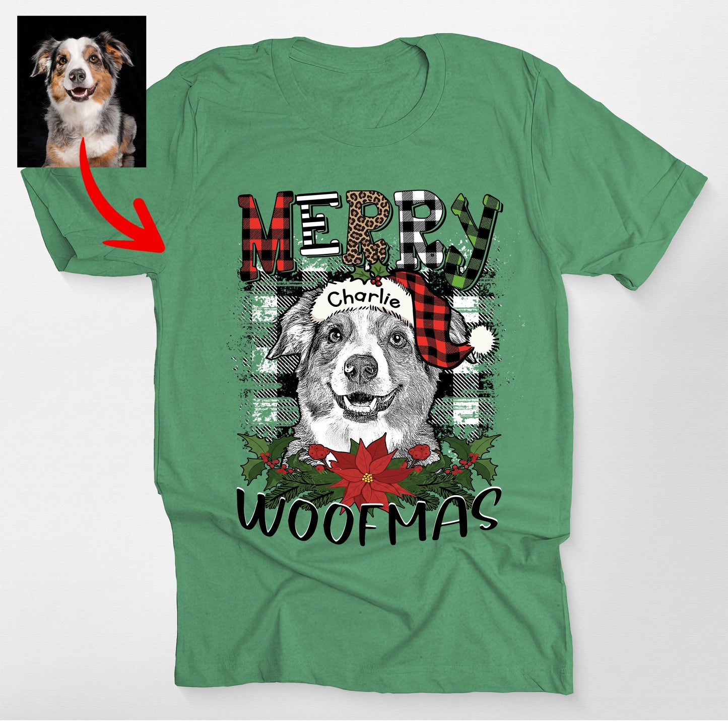 Merry Christmas Custom Dog Portrait Bella Canvas TShirt