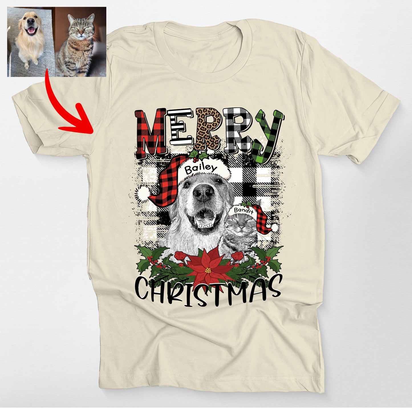 Merry Christmas Custom Dog Portrait Bella Canvas TShirt