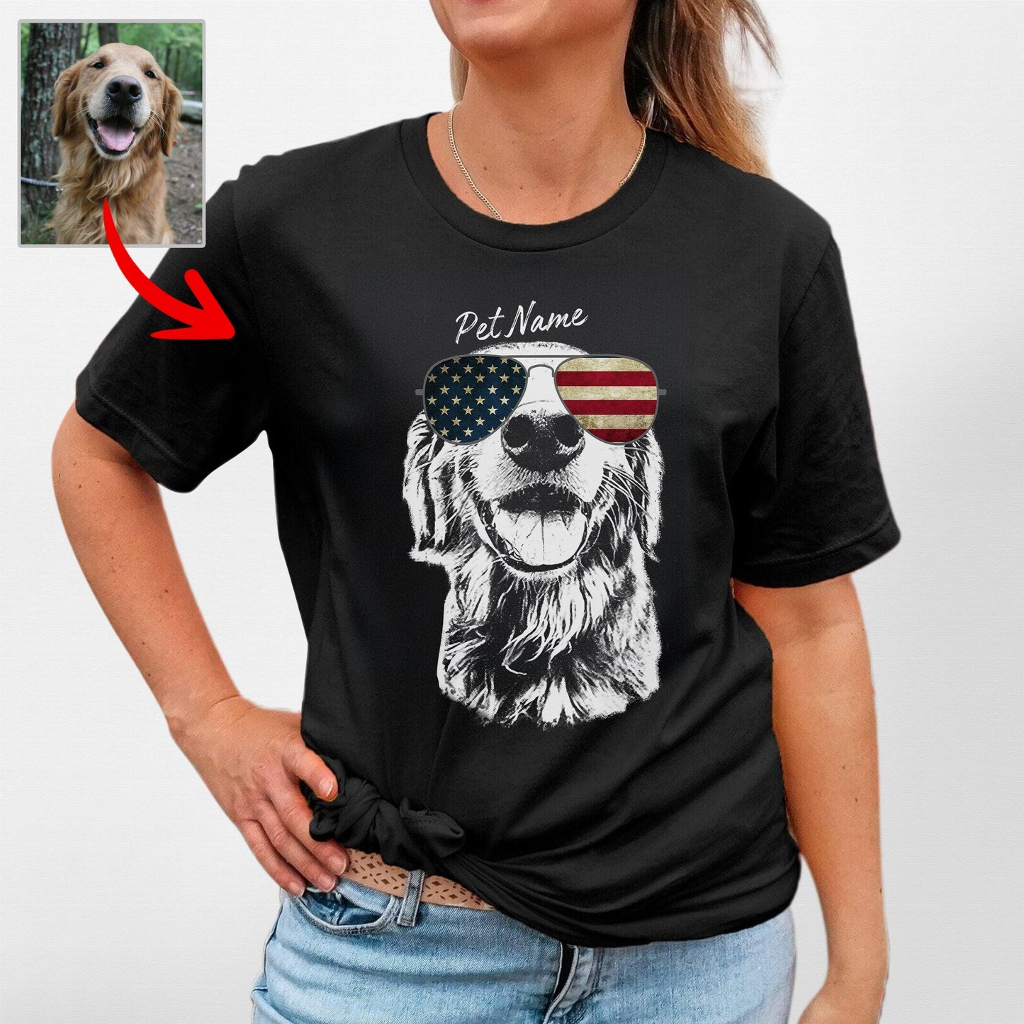 Custom Dogface Wearing American Flag Glasses T-shirt