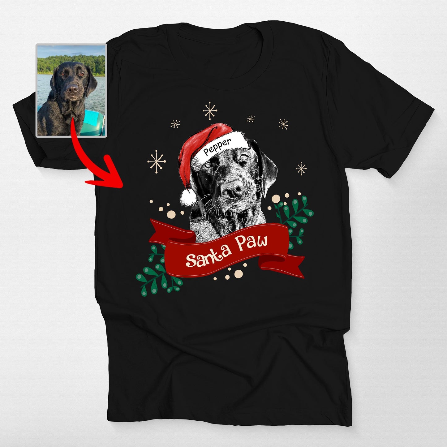 Custom Dog Christmas Shirt with Santa Hat and Red Ribbon for Dog Lovers